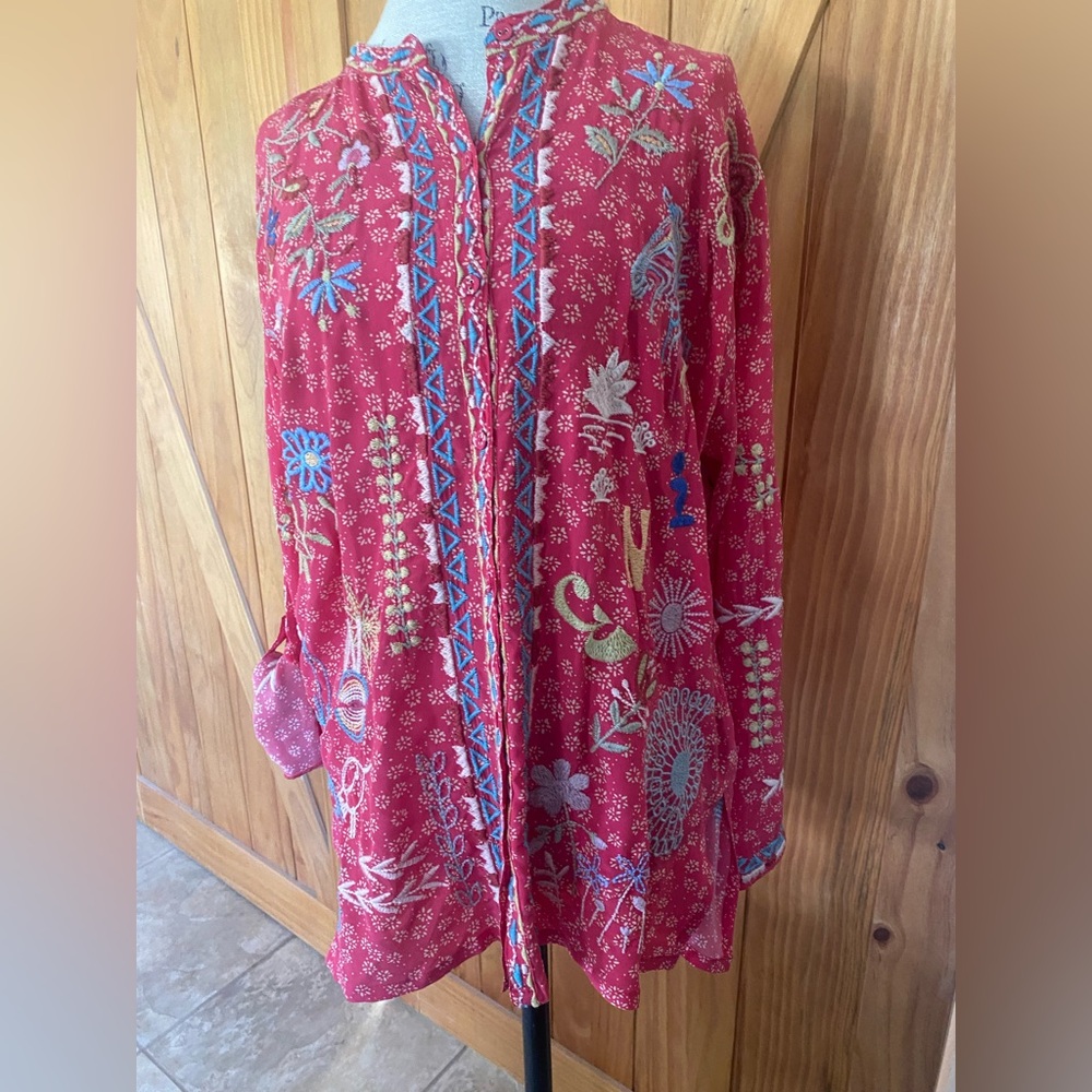 Johnny Was Silk Embroidered Top